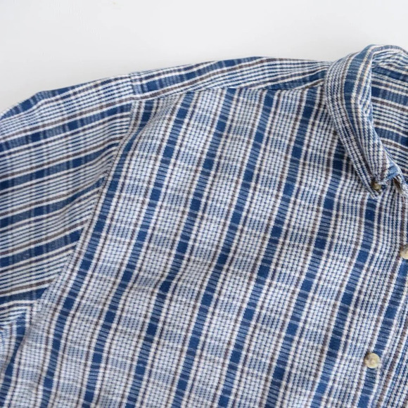 Vintage Cherokee Blue White Brown Checker Thick 100% Cotton Button Up Shirt - Picture 13 of 13